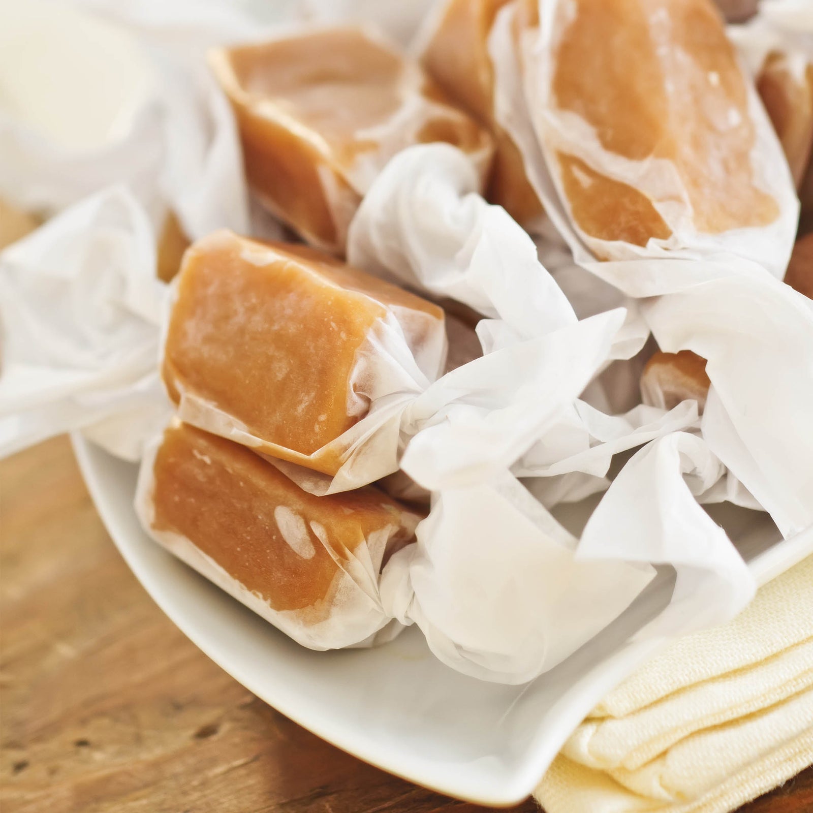 Handcrafted sea salt caramels wrapped in white wax paper