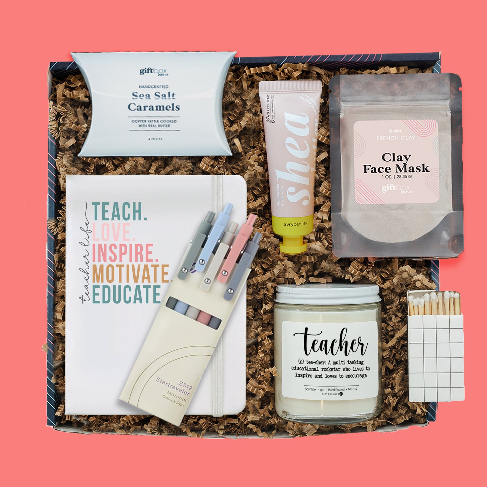 Teacher gift box with motivational notebook, pens, candle, face mask, hand cream, caramels, and matches