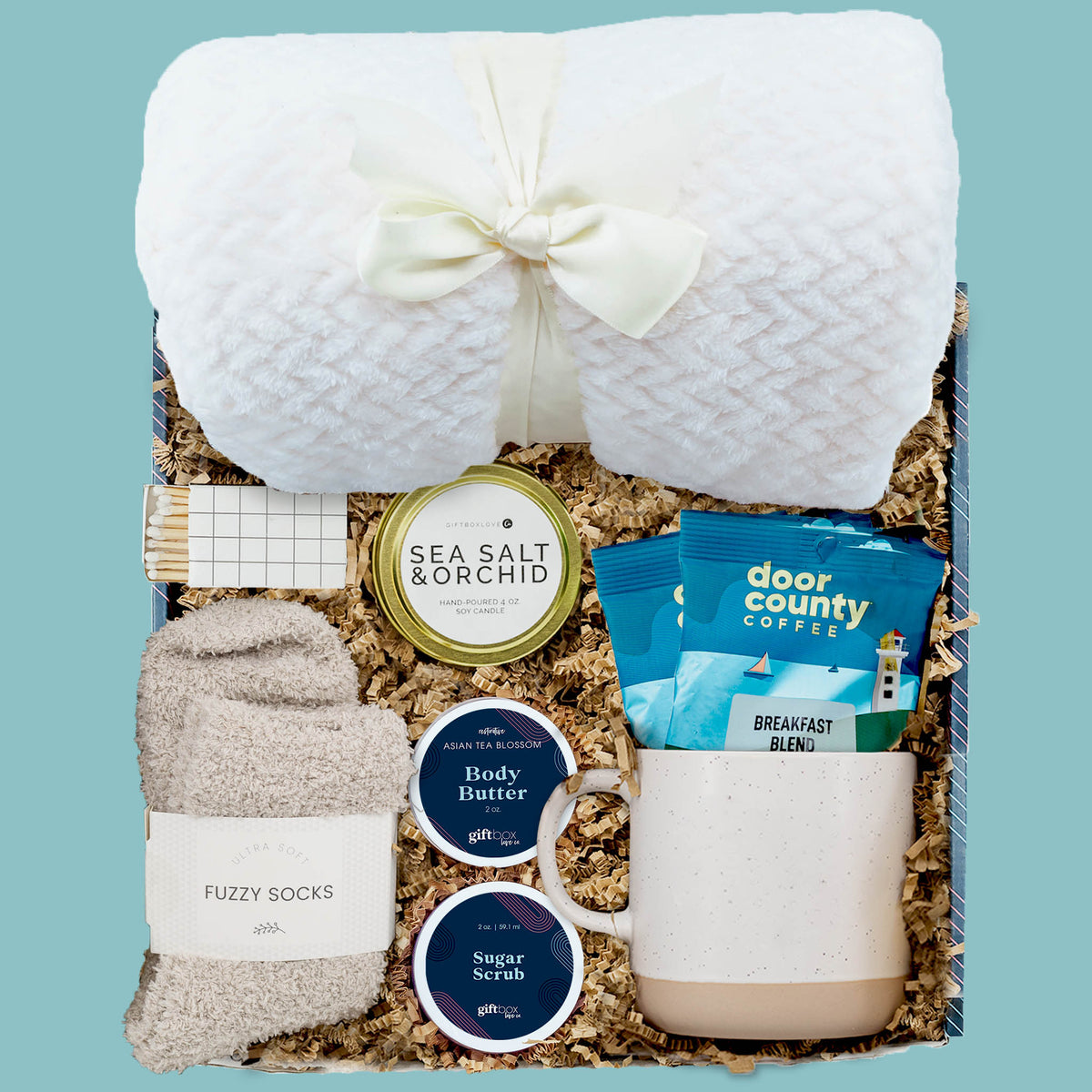 Grateful Mornings Thank You Gift Box with coffee, mug, blanket, candle, socks, and spa items