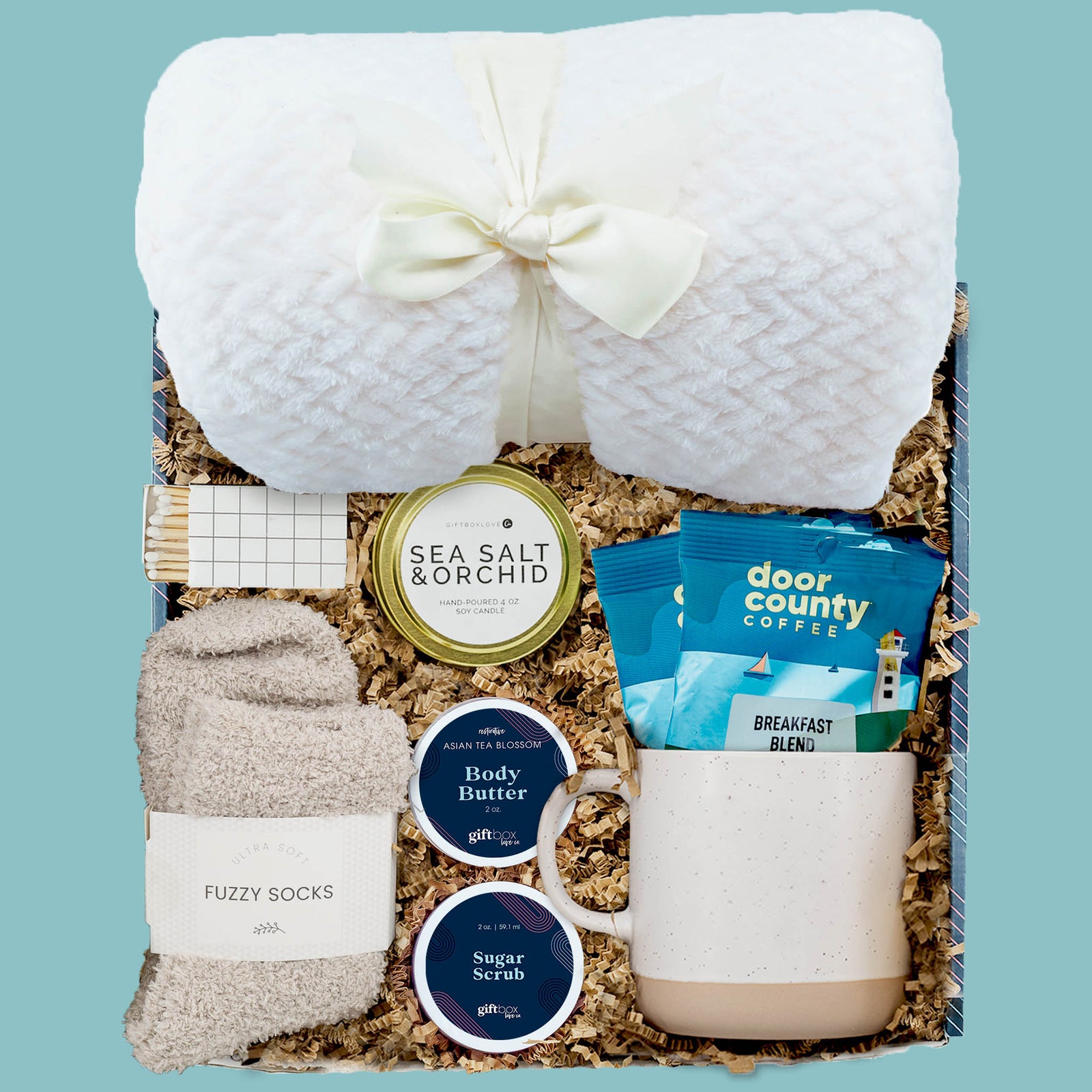 Grateful Mornings Thank You Gift Box with coffee, mug, blanket, candle, socks, and spa items