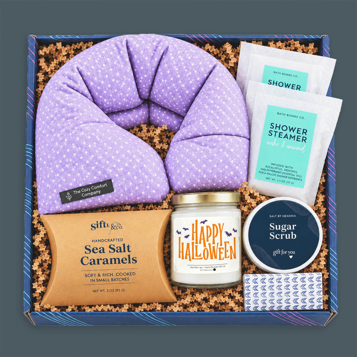 Halloween Sweet Treats and Self Care Gift Box with lavender neck wrap, shower steamers, Halloween candle, sugar scrub, and sea salt caramels