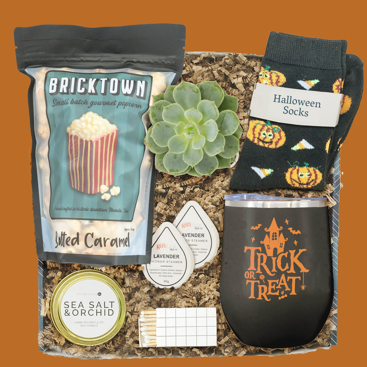 Halloween Trick or Treat Care Package with socks, tumbler, candle, popcorn, succulent, and shower steamers.