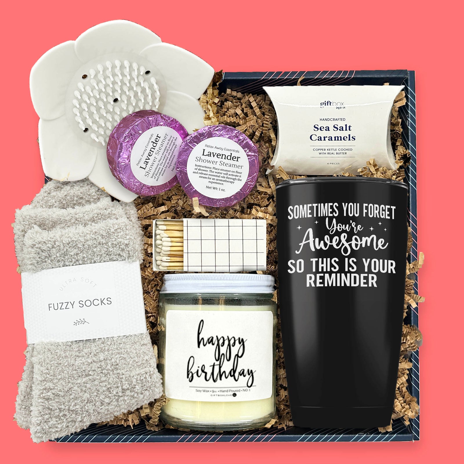 Happy birthday relaxation gift box with candle socks shower steamers tumbler and caramels
