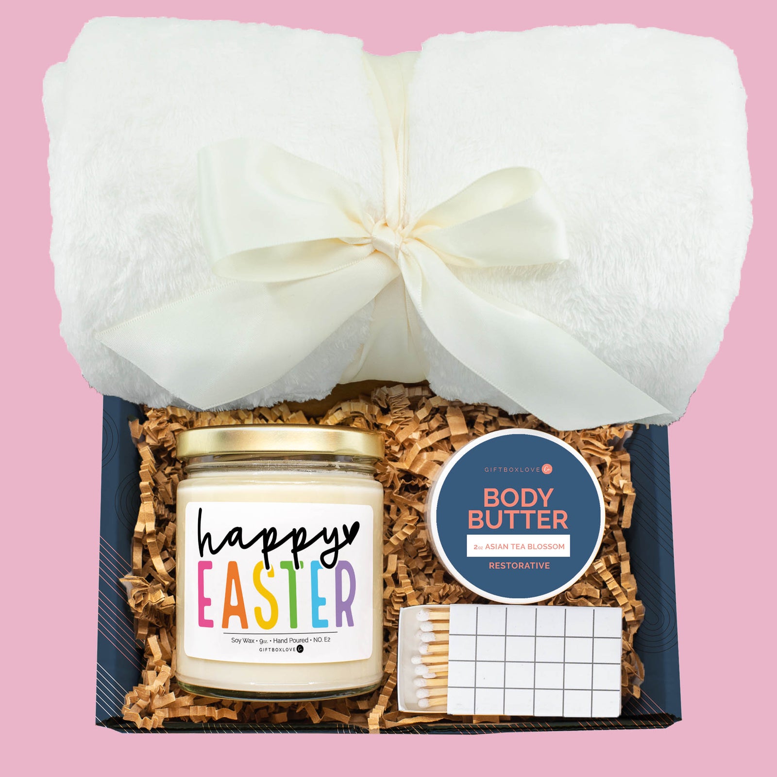 Happy Easter gift box with candle, plush blanket, body butter and matches