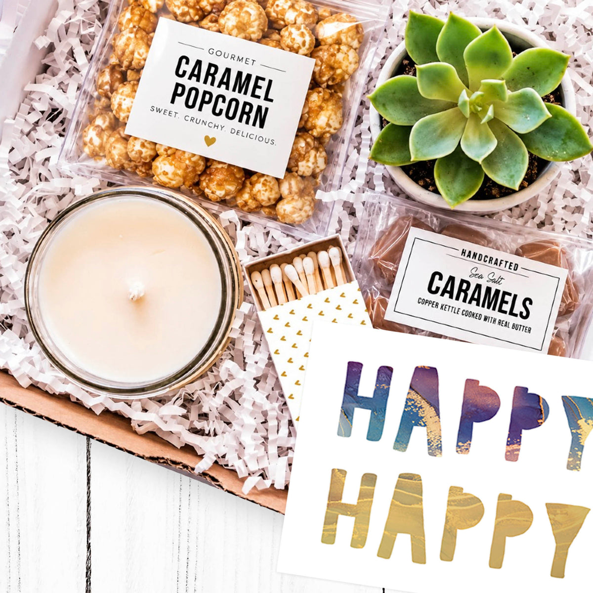 Happy Happy gift box with succulent, candle, caramel popcorn and caramels