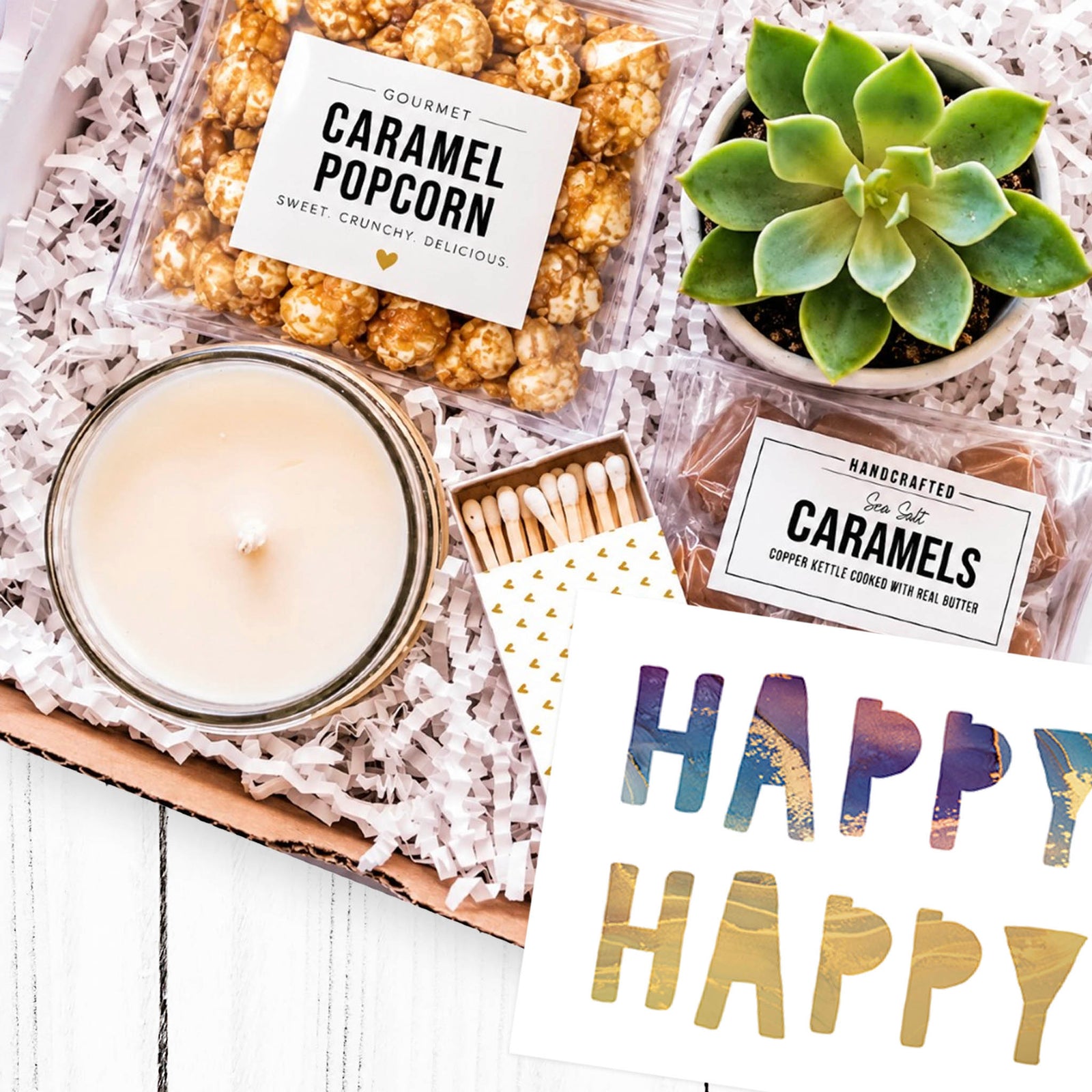 Happy Happy gift box with succulent, candle, caramel popcorn and caramels