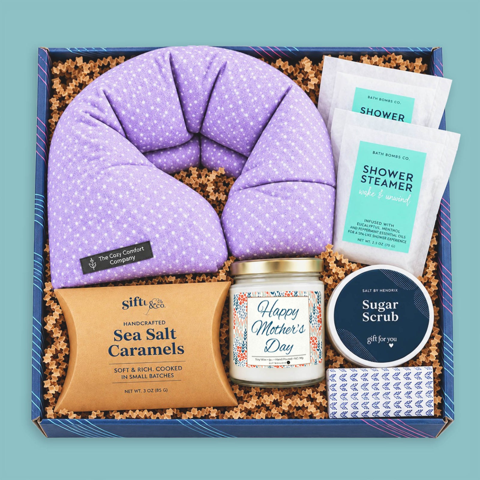 Happy Mothers Day Sweets and Treats Gift Box with floral Mother's Day candle, lavender neck wrap, shower steamers, sugar scrub, sea salt caramels, and matches