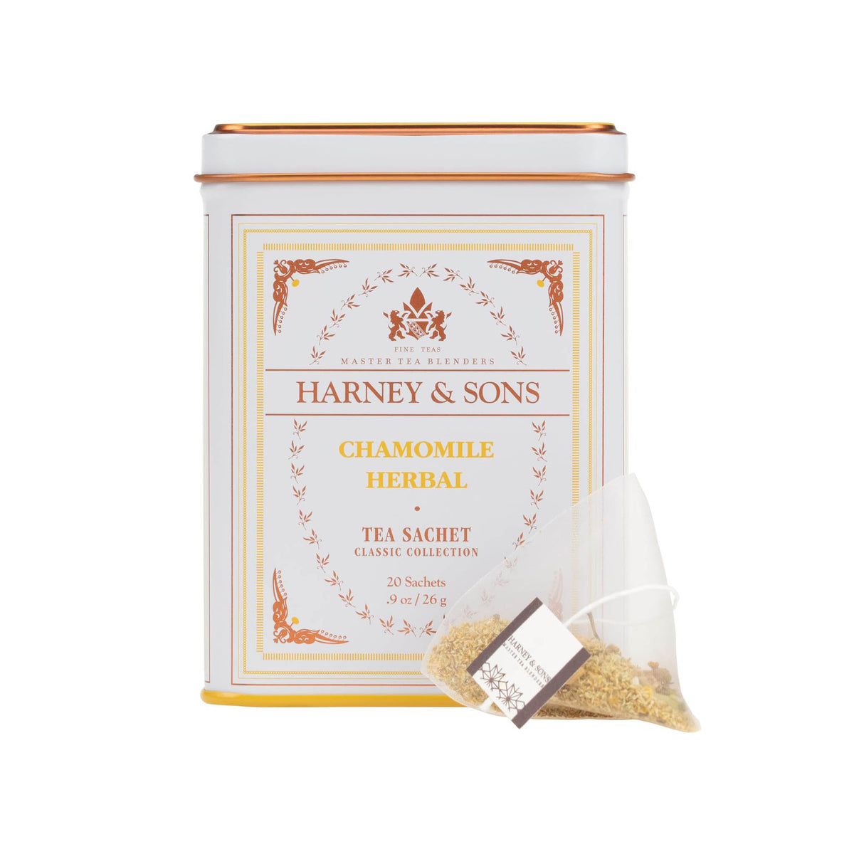 Harney and Sons Chamomile Herbal Tea decorative tin with 20 caffeine-free tea sachets