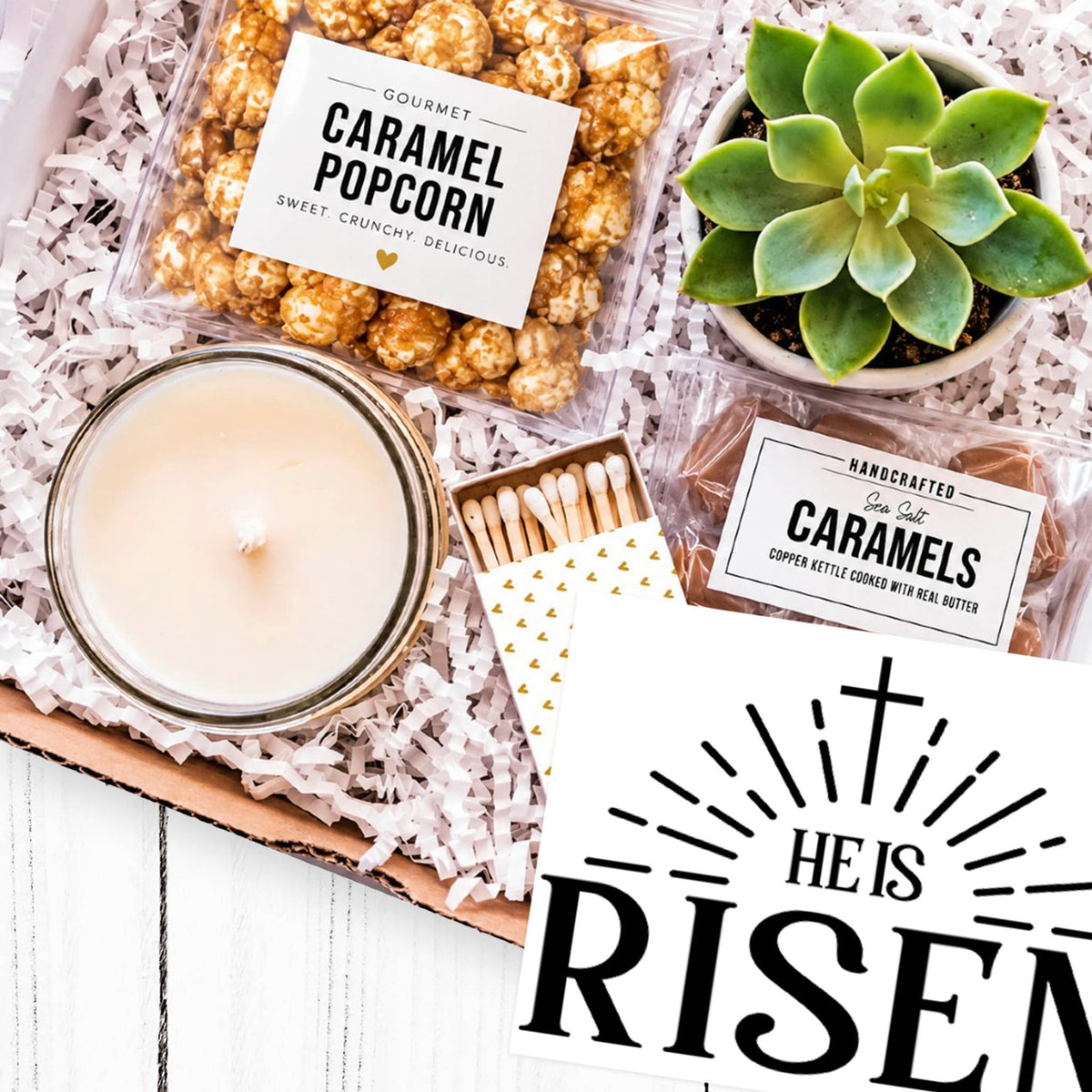 He Is Risen Easter gift box with succulent, candle, caramel popcorn and sea salt caramels