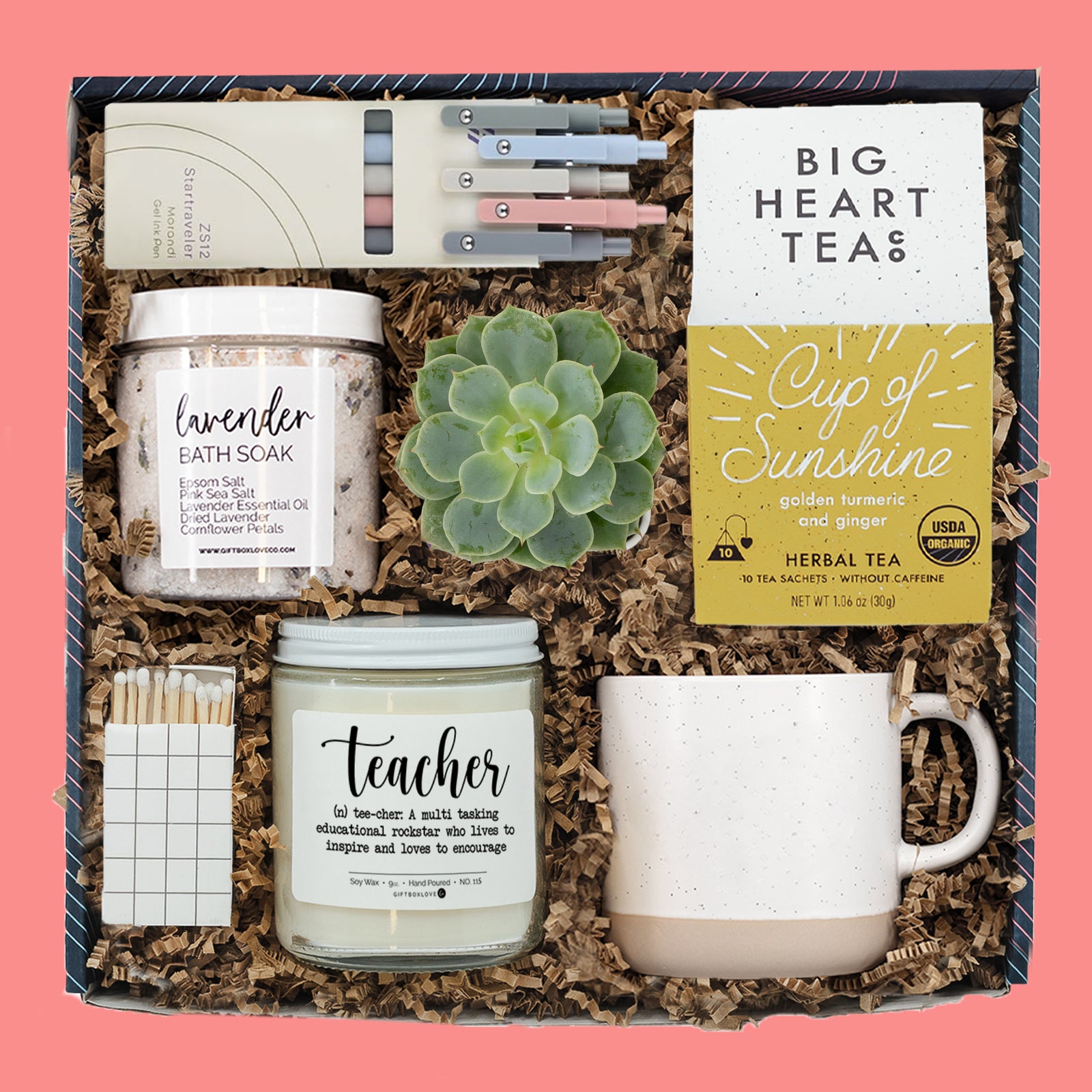 Teacher gift box with candle, bath soak, succulent, tea, mug, pens, and matches