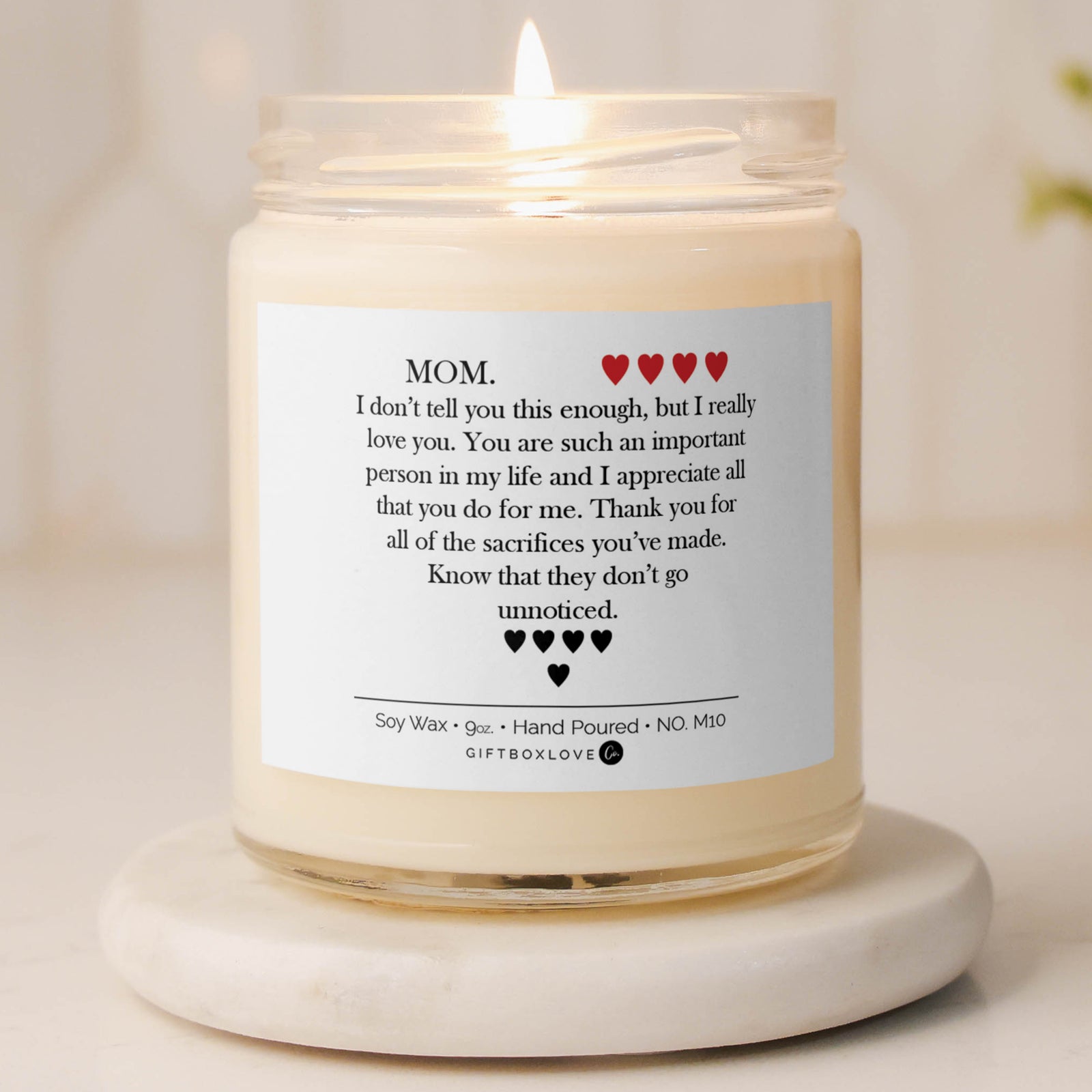 Sea Salt & Orchid candle with heartfelt message for Mom – 9 oz soy Mother's Day gift expressing love and appreciation.