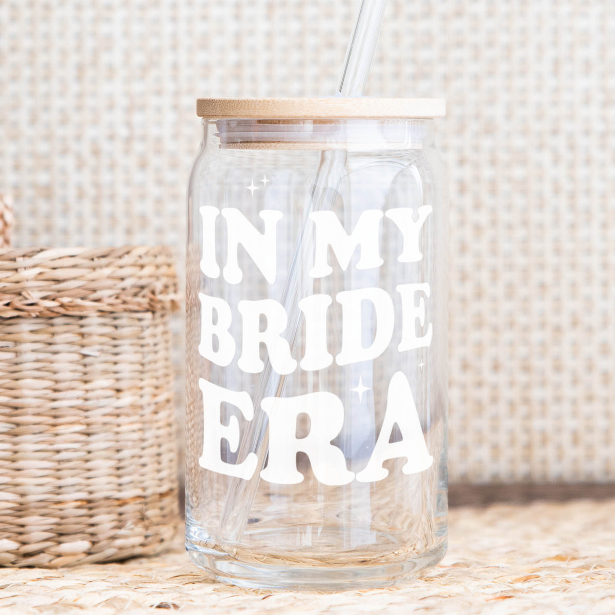 In My Bride Era glass cup with lid and straw
