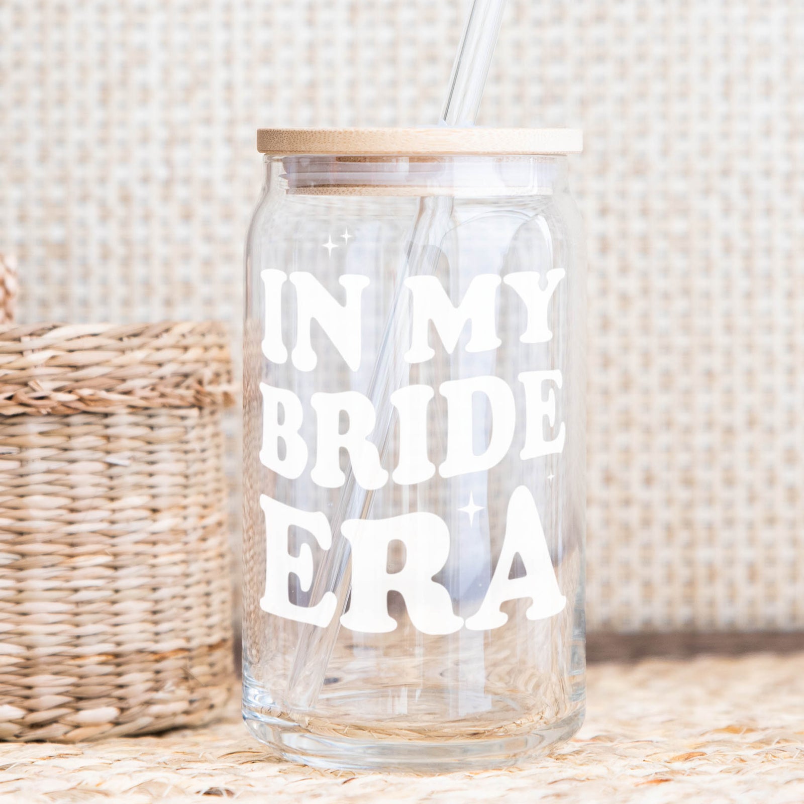 In My Bride Era glass cup with lid and straw