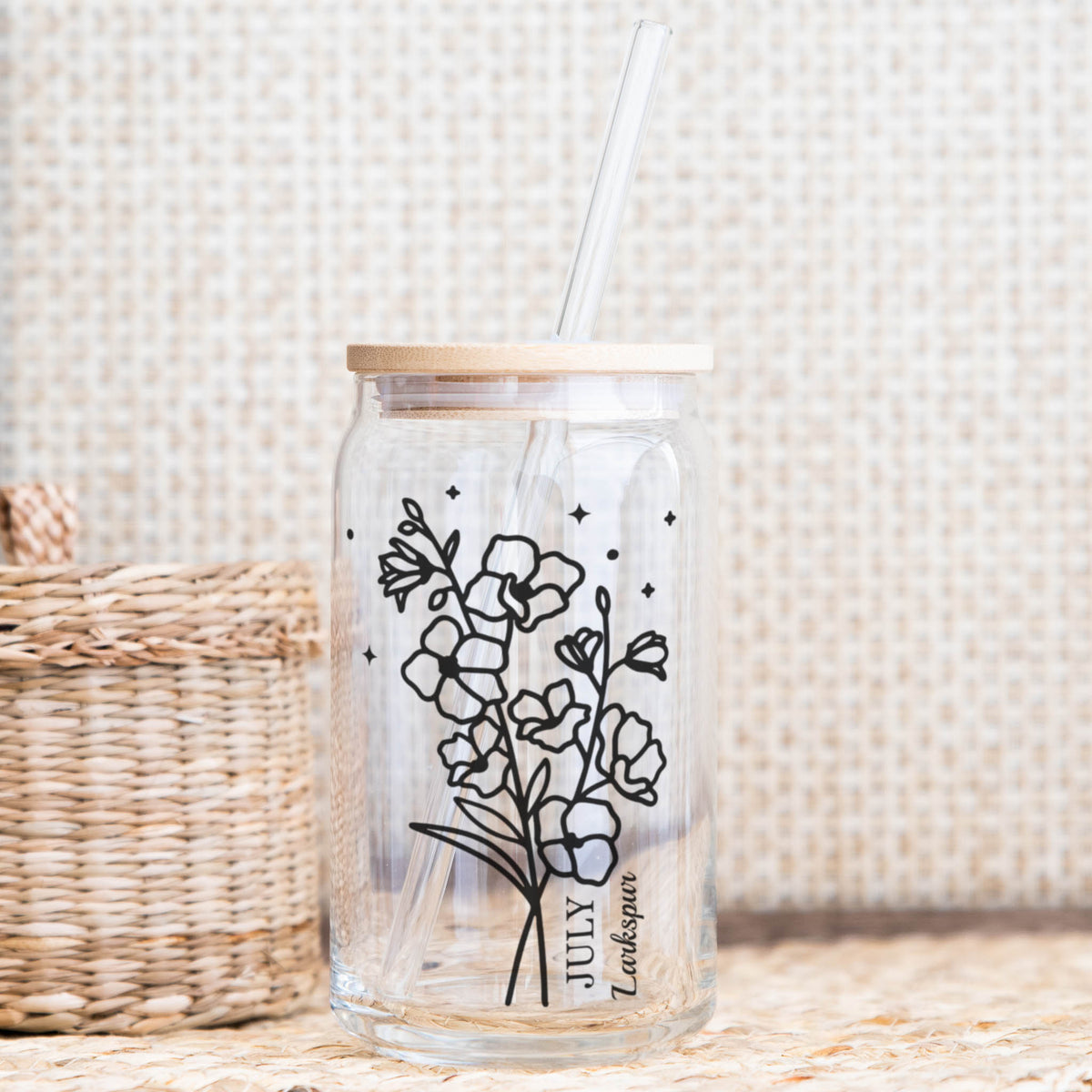 July larkspur birth flower Libby glass with bamboo lid and straw
