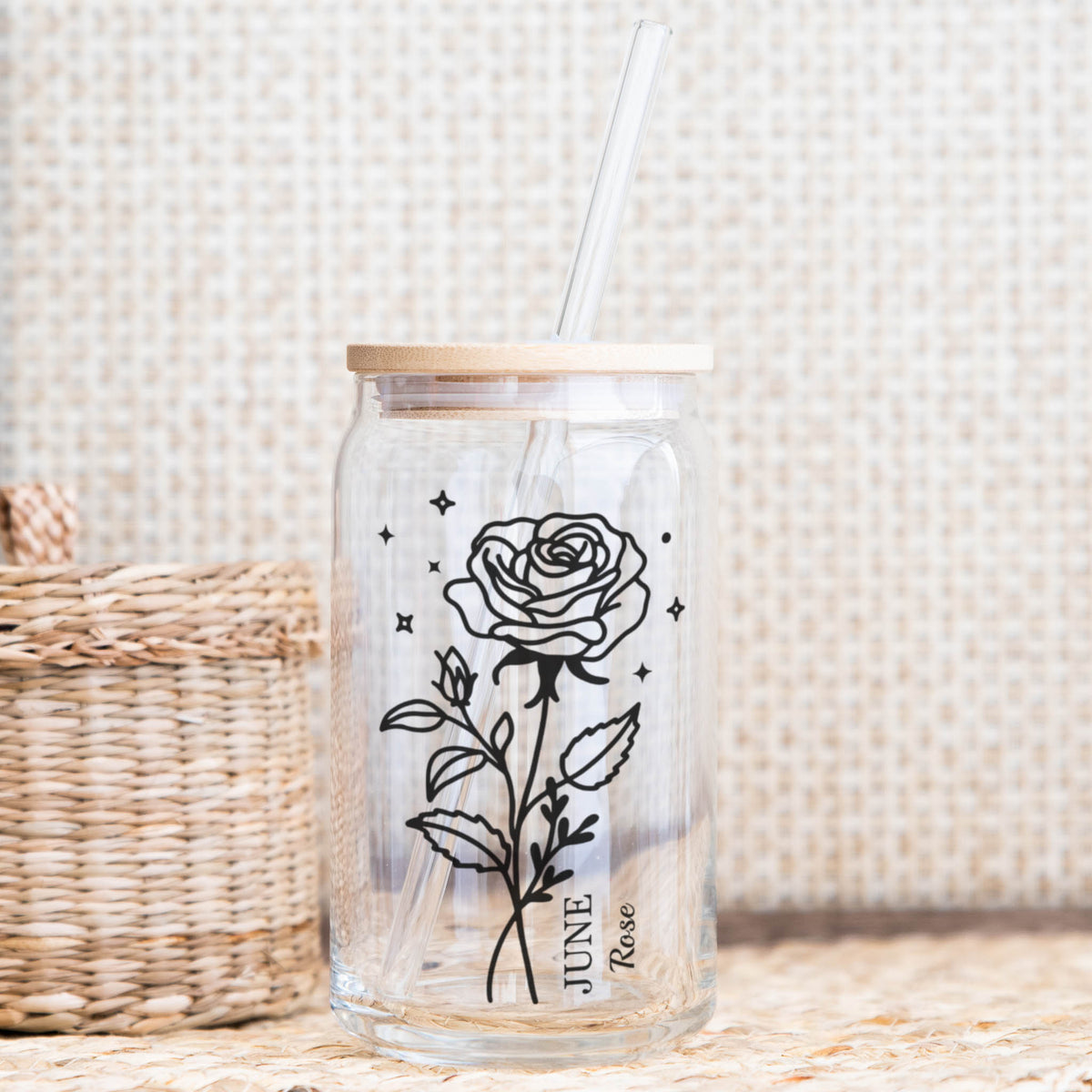 June rose birth flower Libby glass with bamboo lid and straw