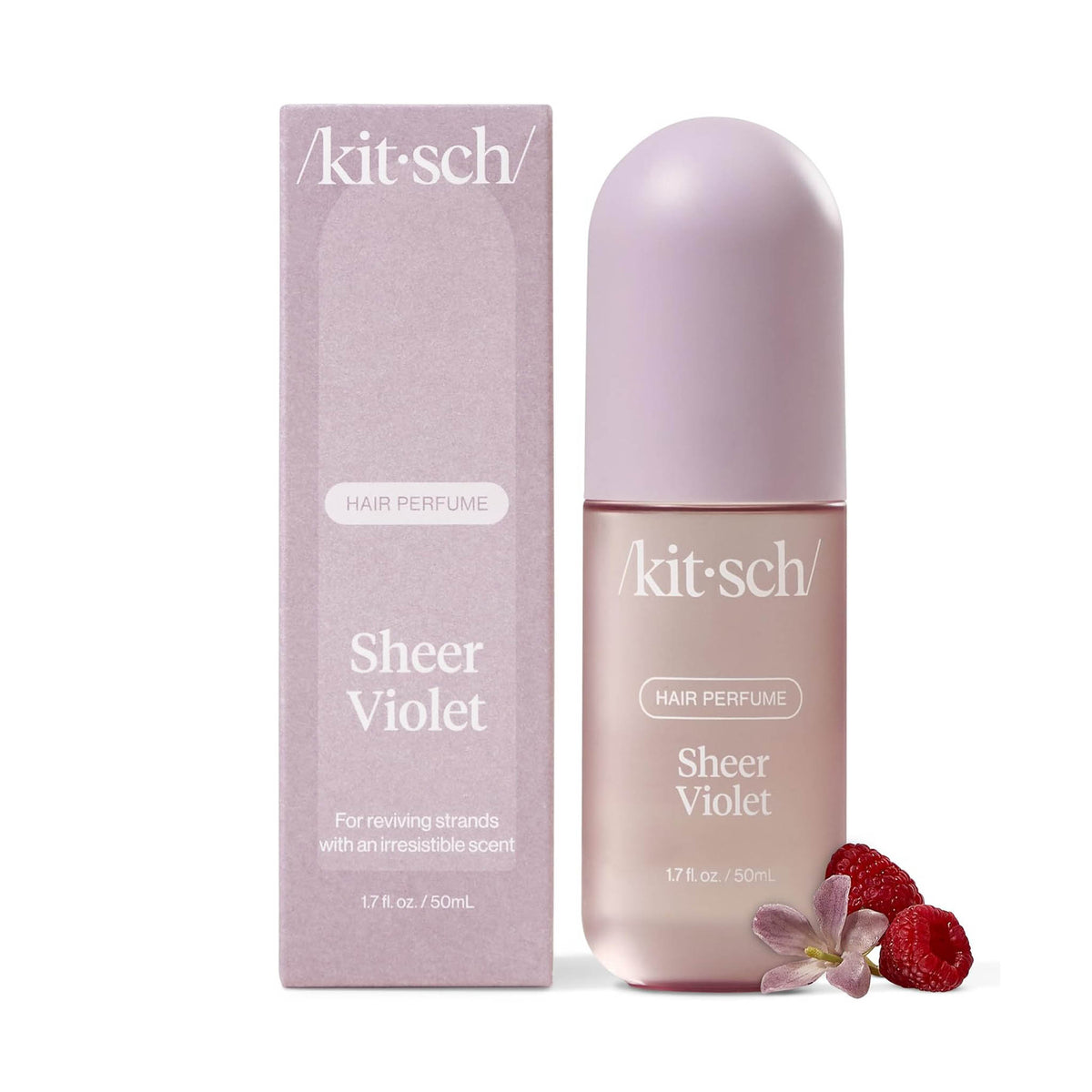 Kitsch Sheer Violet Hair Perfume bottle and box with violet flower and raspberry accents