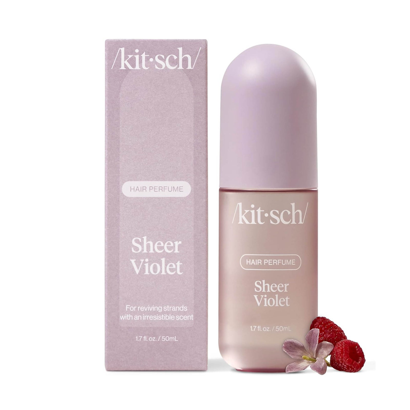 Kitsch Sheer Violet Hair Perfume bottle and box with violet flower and raspberry accents
