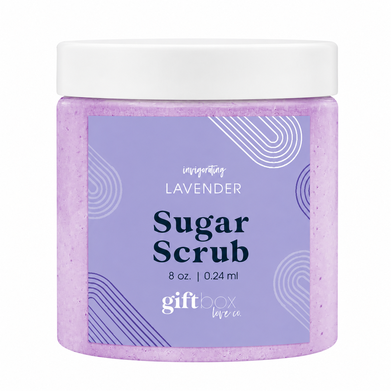 Lavender sugar scrub in 8 oz clear jar with purple label and white lid