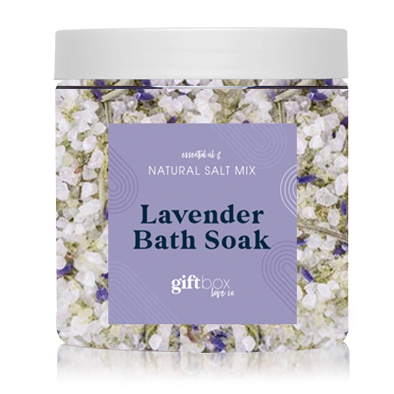 Lavender bath salt soak with essential oils for relaxing spa gift box and self-care.