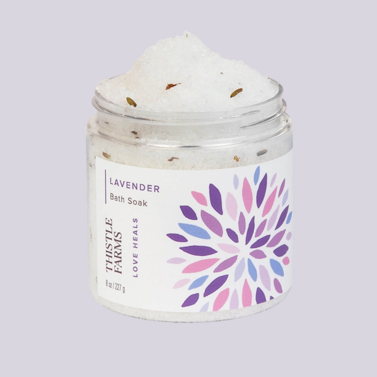 lavender bath soak jar with mineral salts and botanicals