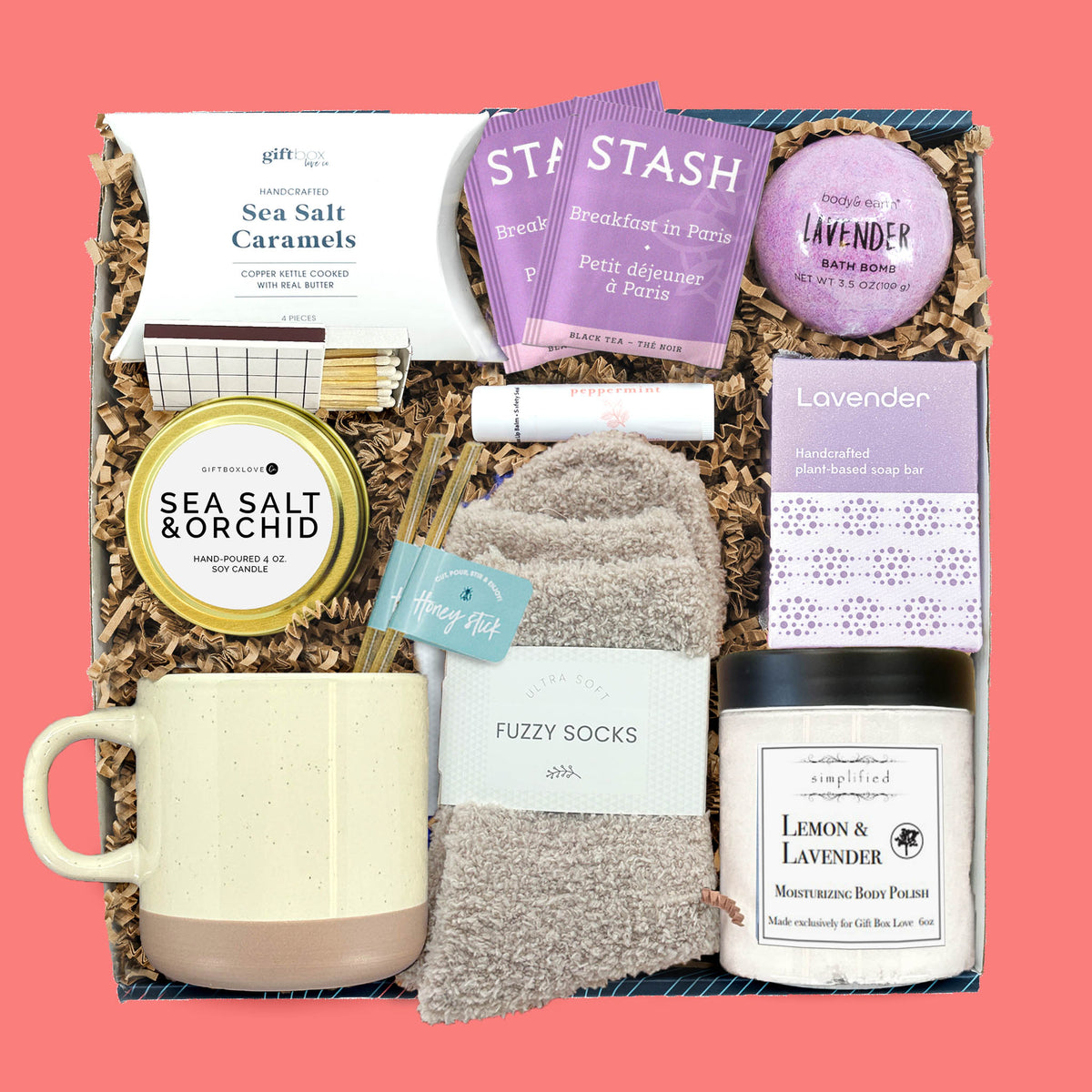 lavender relaxation gift box with mug fuzzy socks candle tea and spa gifts