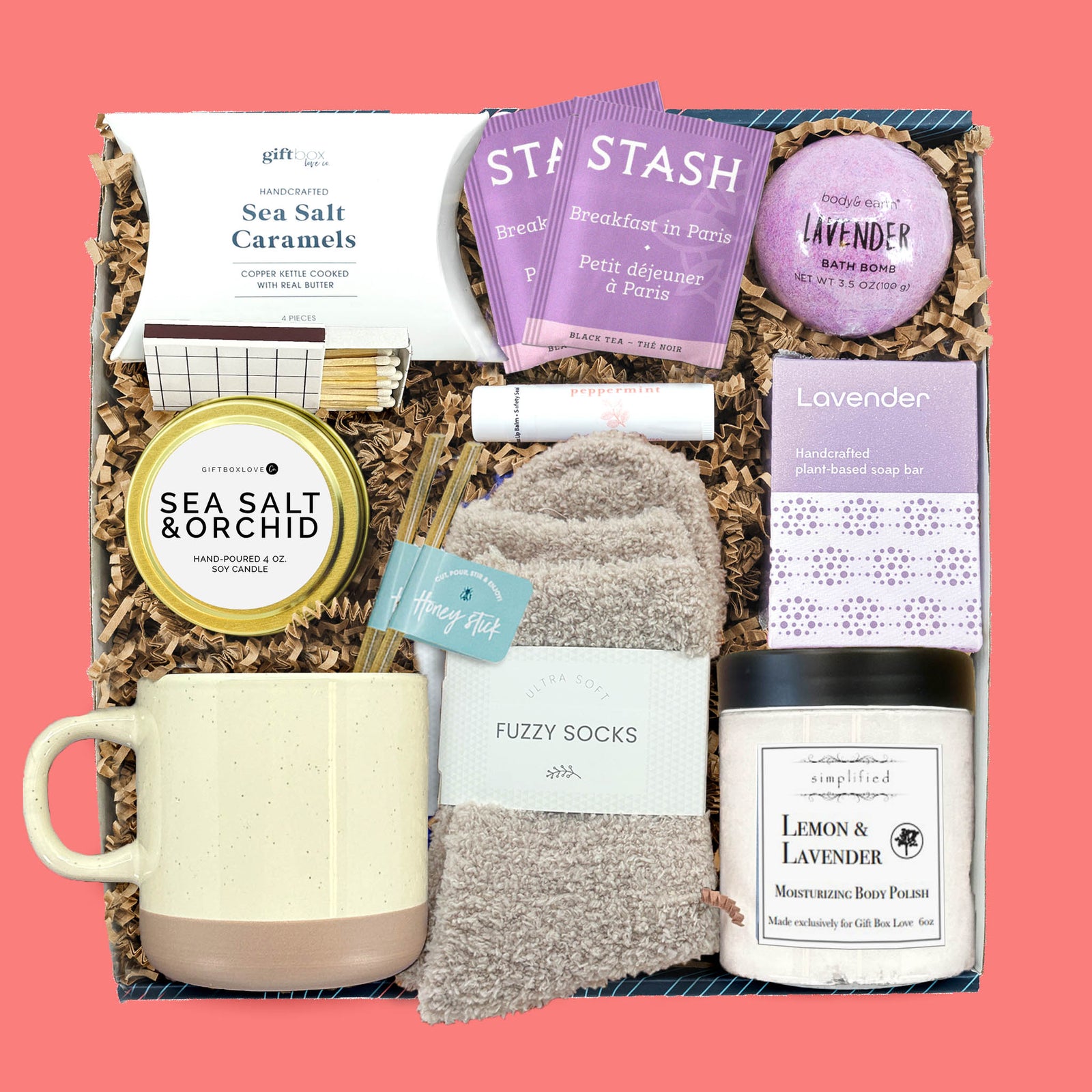 lavender relaxation gift box with mug fuzzy socks candle tea and spa gifts