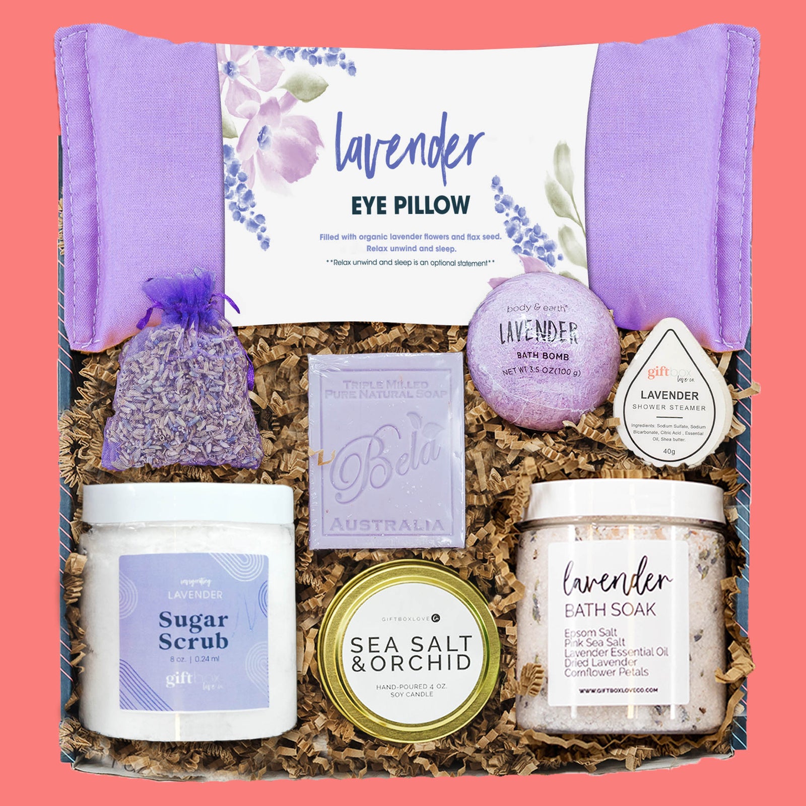 Lavender Serenity Spa Box with eye pillow, sugar scrub, bath soak, bath bomb, soap, shower steamer, candle, and lavender sachet.