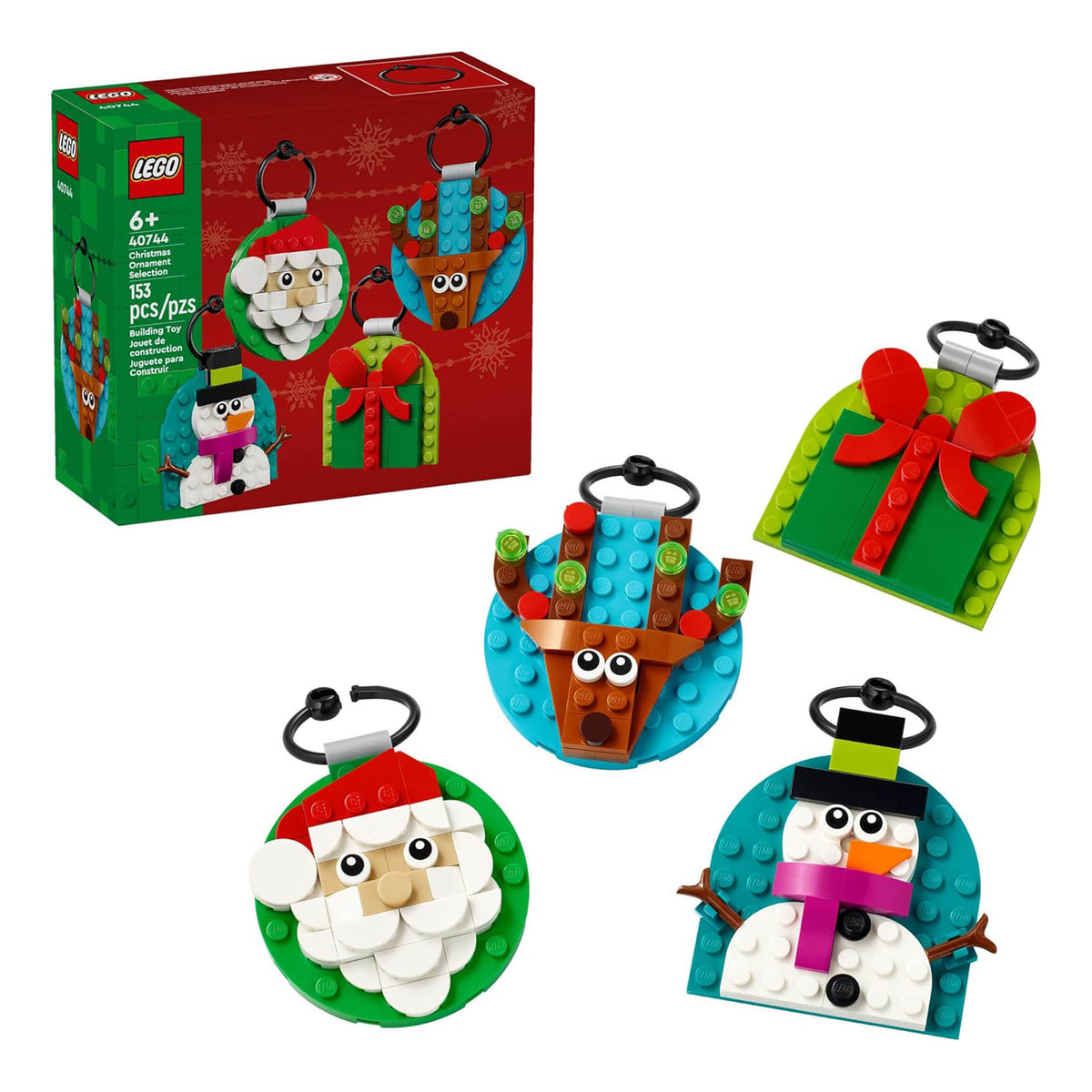 LEGO Christmas ornament building set with Santa, reindeer, snowman, and gift designs