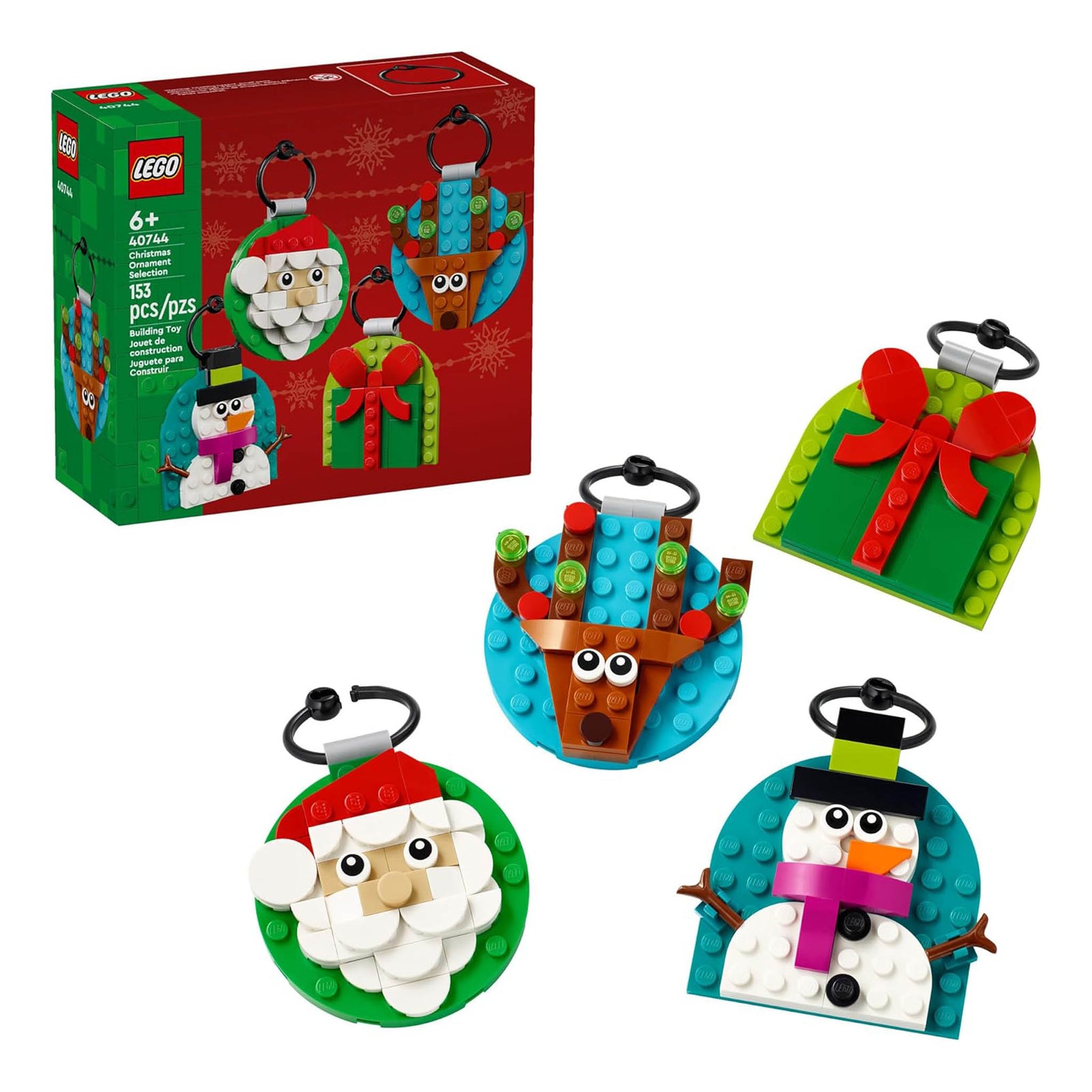 LEGO Christmas ornament building set with Santa, reindeer, snowman, and gift designs