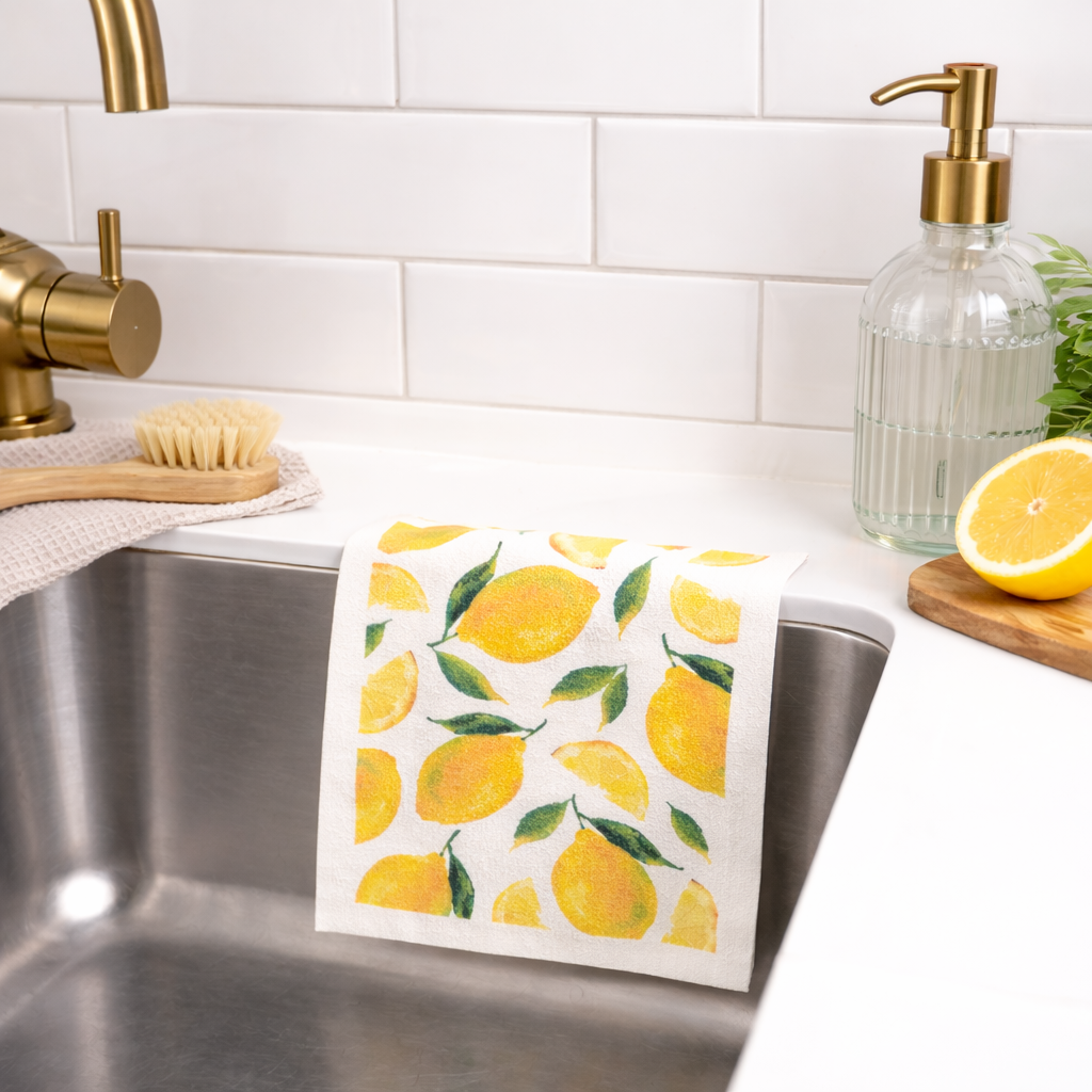 lemon swedish dish towel with yellow lemons and green leaves on white background in kitchen sink setting