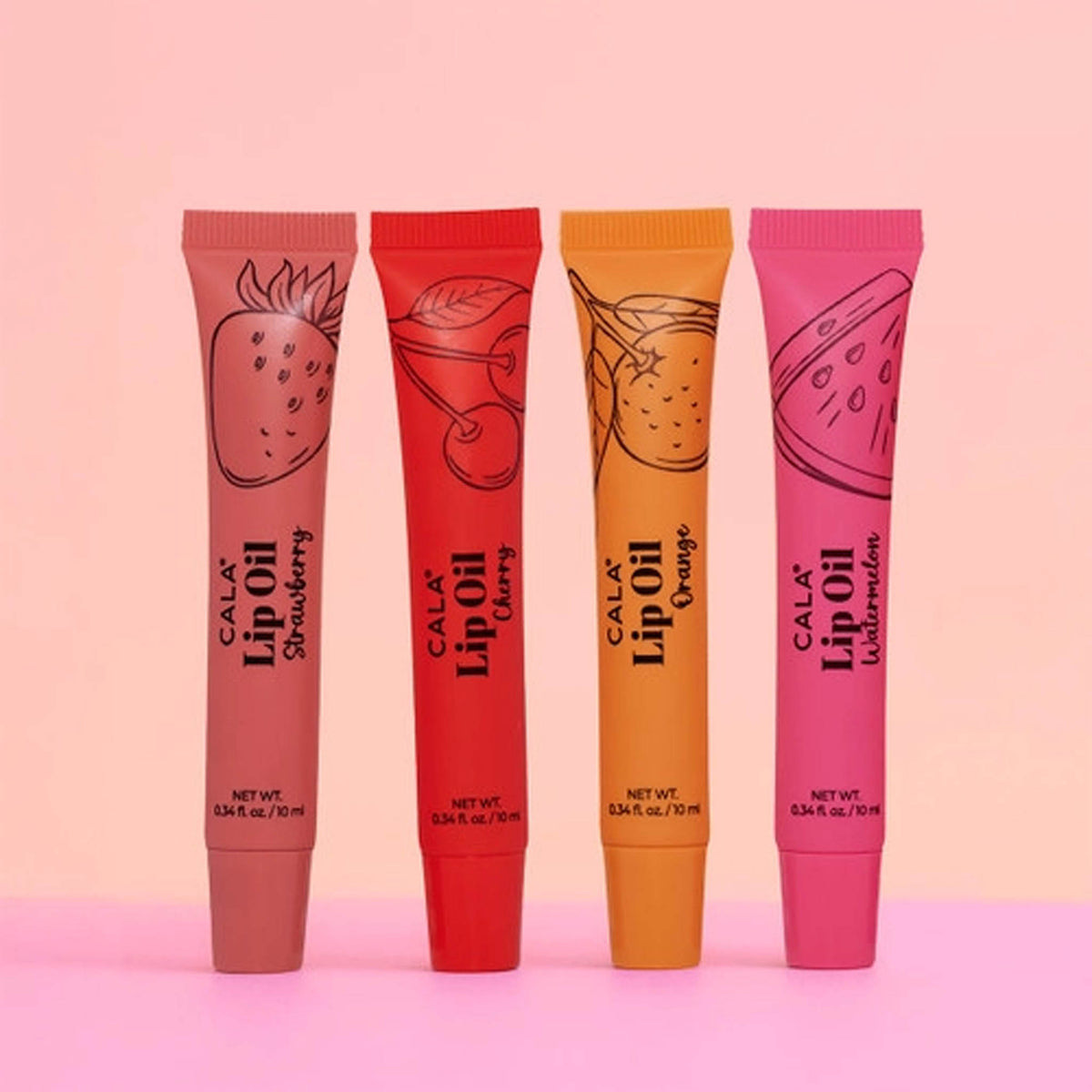 Lip Oil in Strawberry, Cherry, Orange, and Watermelon varieties, with one fruity lip oil chosen at random.