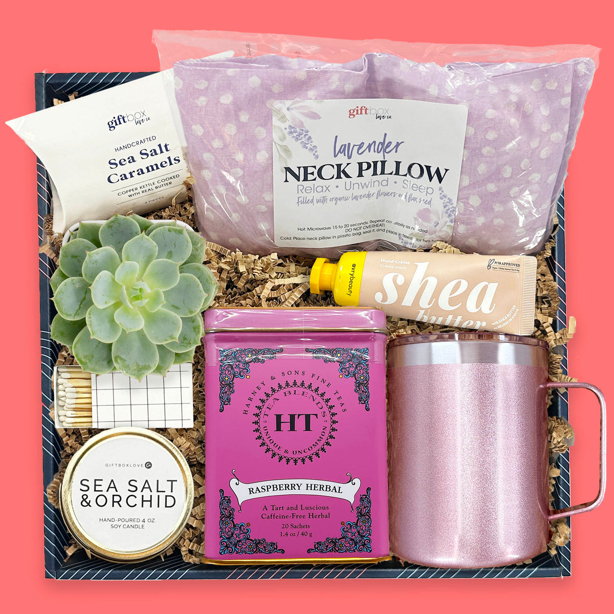 self care gift box with tea candle succulent and neck pillow