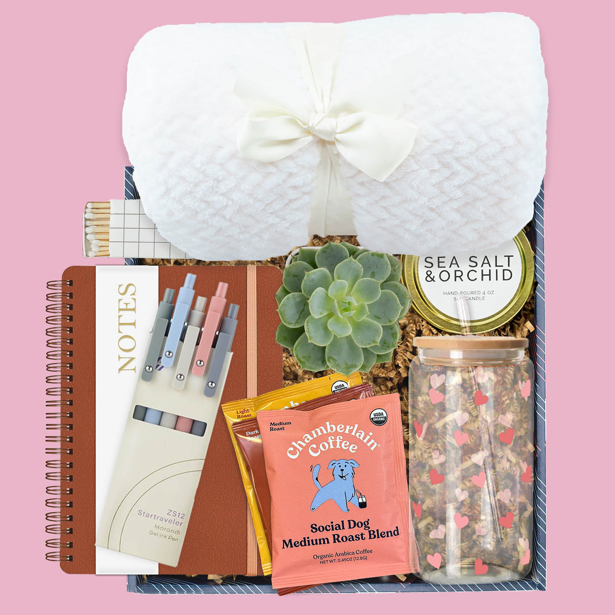 Valentine’s gift box with blanket, succulent, candle, coffee, notebook, and heart glass
