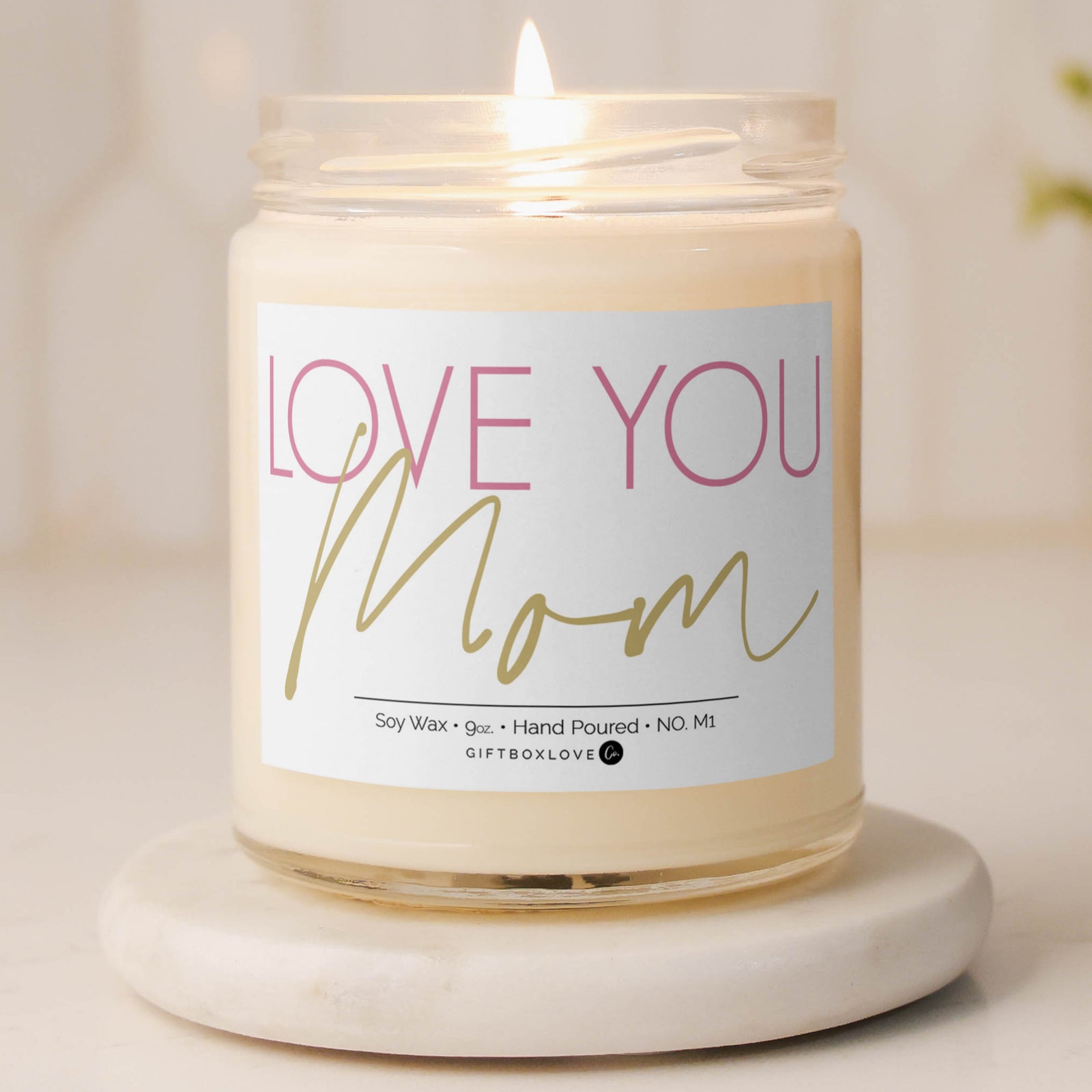 Love You Mom candle with sea salt & orchid scent—9 oz hand-poured soy wax, perfect gift for Mother's Day, mom's birthday, or heartfelt appreciation.