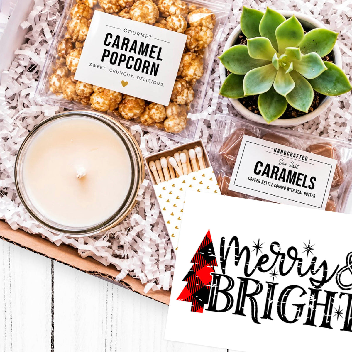 Merry and Bright Christmas gift box with succulent, candle, caramel popcorn and sea salt caramels