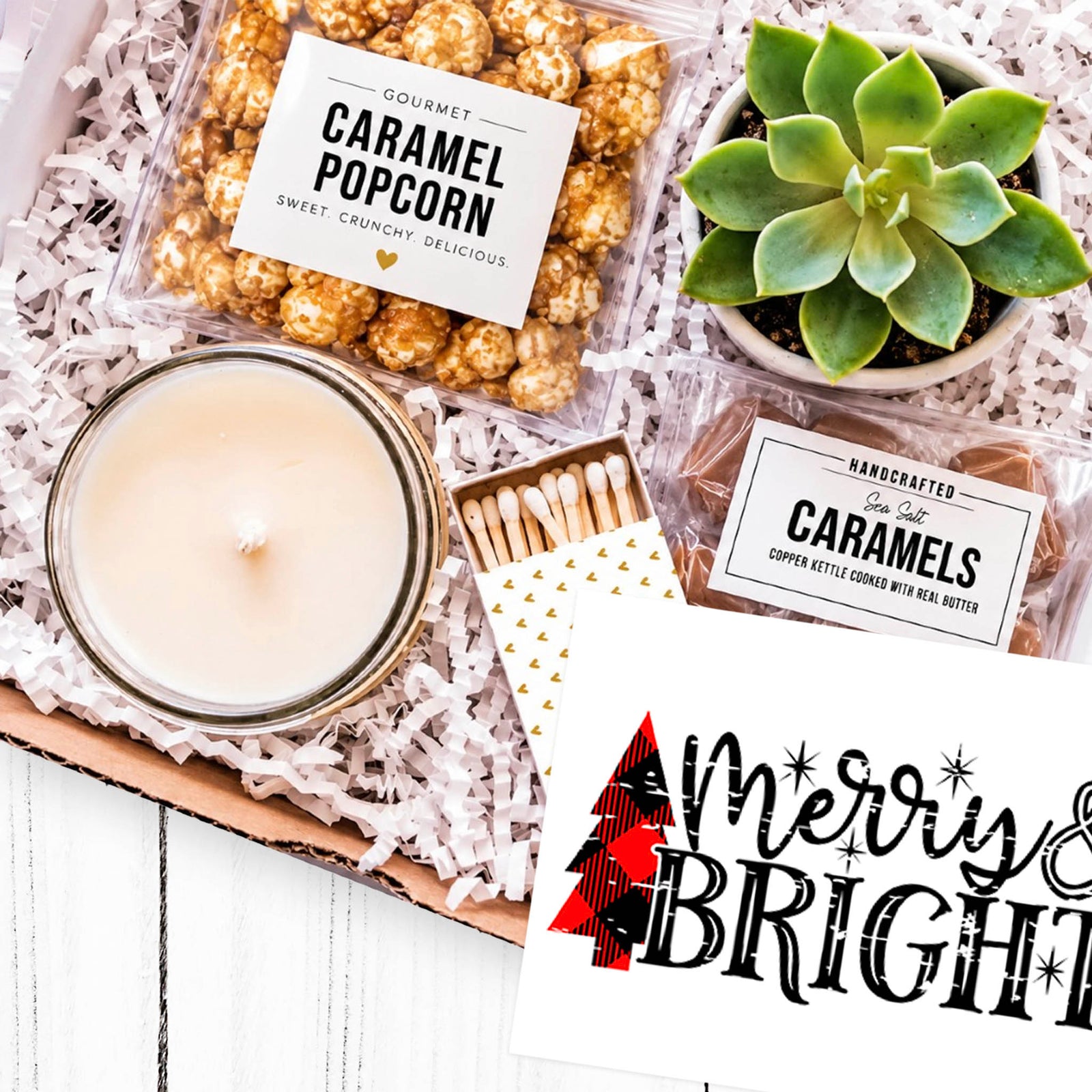 Merry and Bright Christmas gift box with succulent, candle, caramel popcorn and sea salt caramels