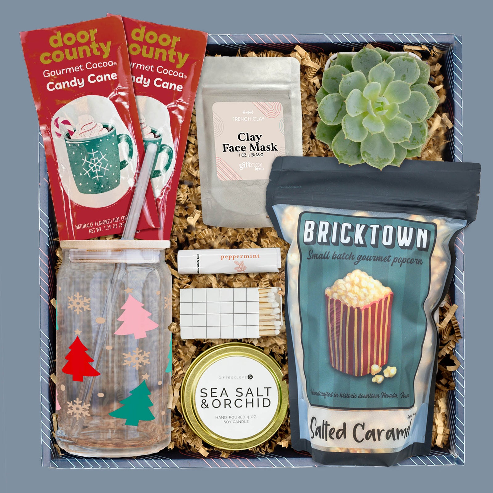 Merry and Bright holiday gift box with cocoa, popcorn, candle, and succulent