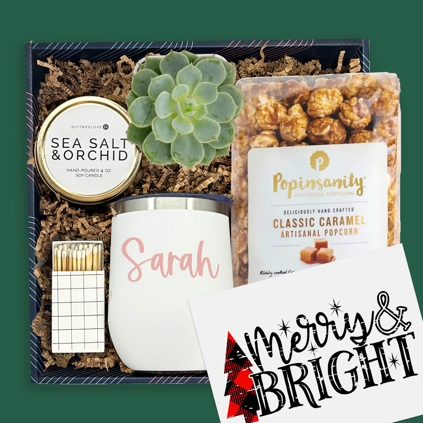 Merry Christmas gift box with personalized tumbler, succulent, candle and caramel popcorn