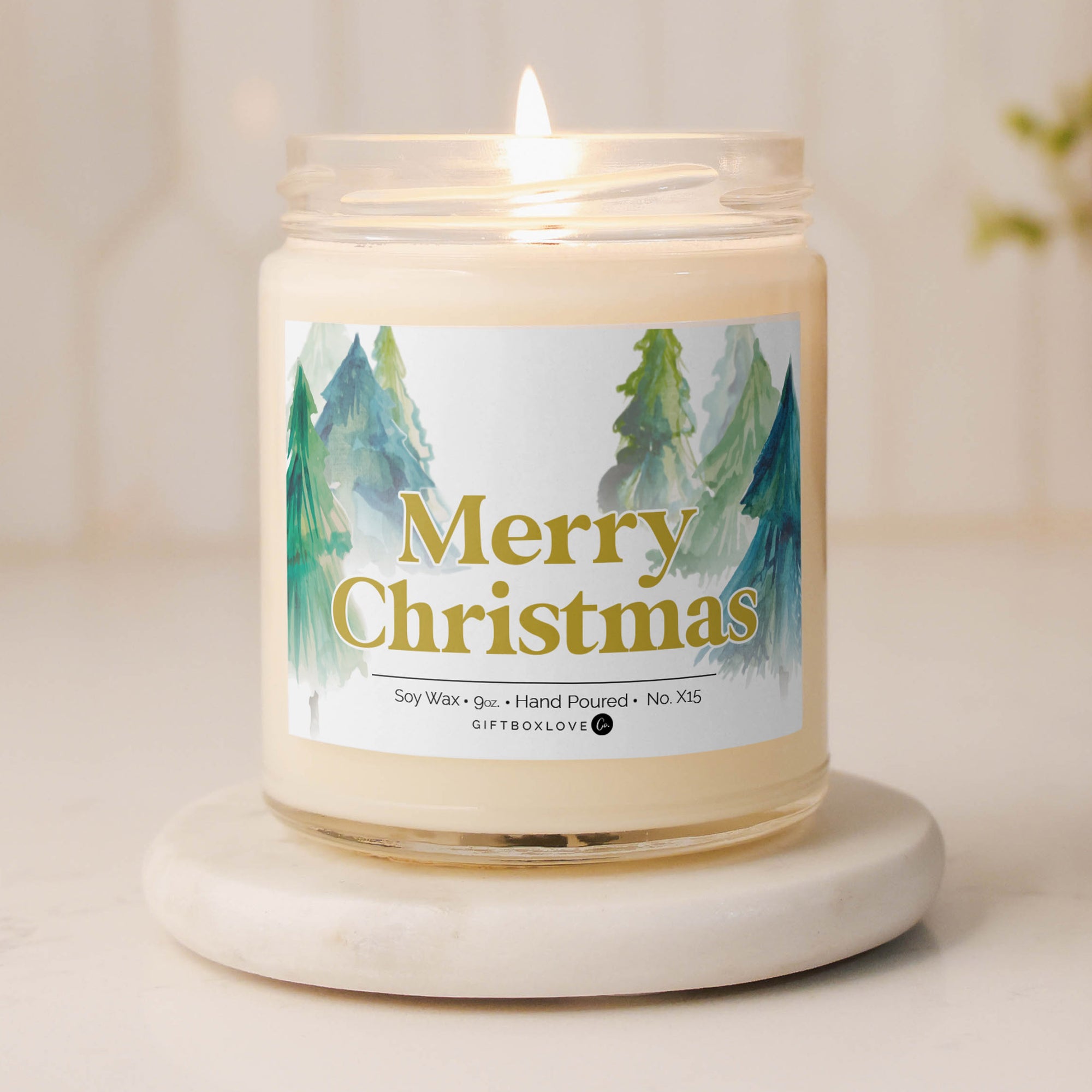 Merry Christmas soy wax candle with a Fraser Fir scent, featuring a festive label, perfect for holiday gifts and creating a cozy seasonal atmosphere.