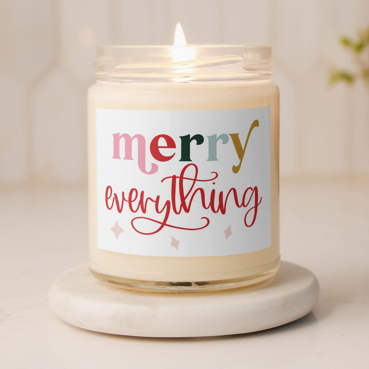 Merry Christmas soy wax candle with a Fraser Fir scent, featuring a festive Merry Everything, perfect for holiday gifts and creating a cozy seasonal atmosphere.