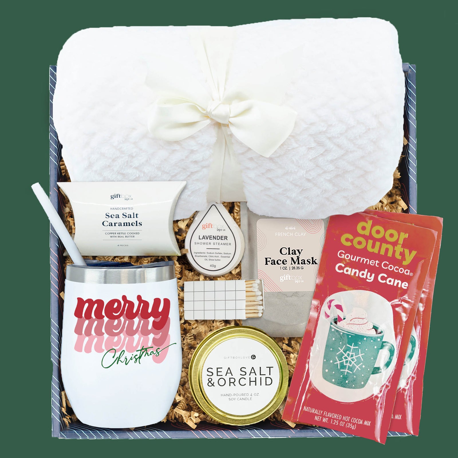Merry Moments Christmas gift box with blanket, tumbler, cocoa, and candle