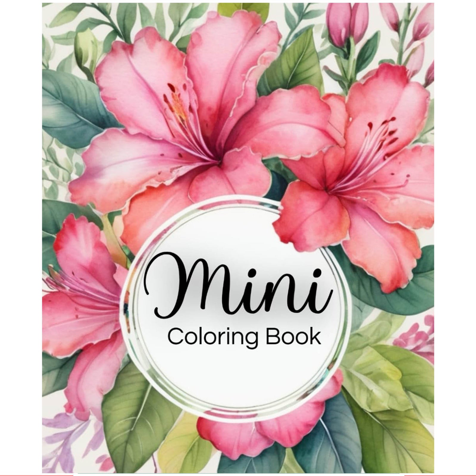 Mini Coloring Book with vibrant pink flowers and green leaves on the cover