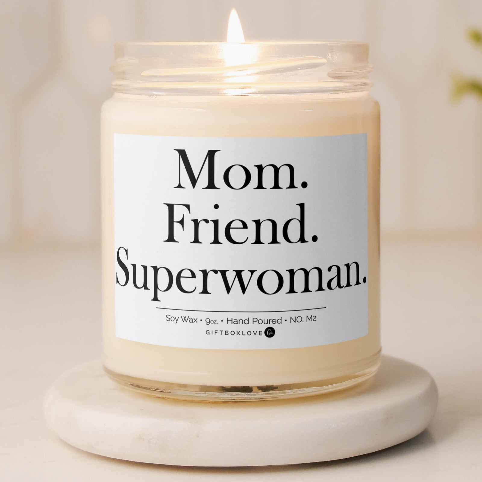Lavender-scented 9 oz soy candle with label “Mom. Friend. Superwoman.” – a thoughtful Mother’s Day or birthday gift to honor the amazing women in your life.