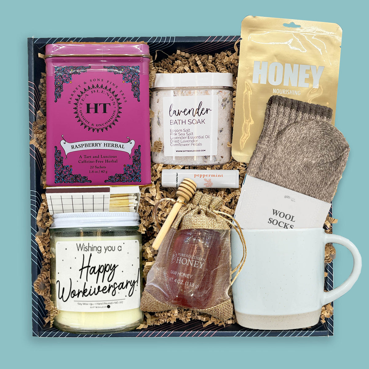 moments of appreciation corporate gift box with tea bath soak wool socks honey and candle