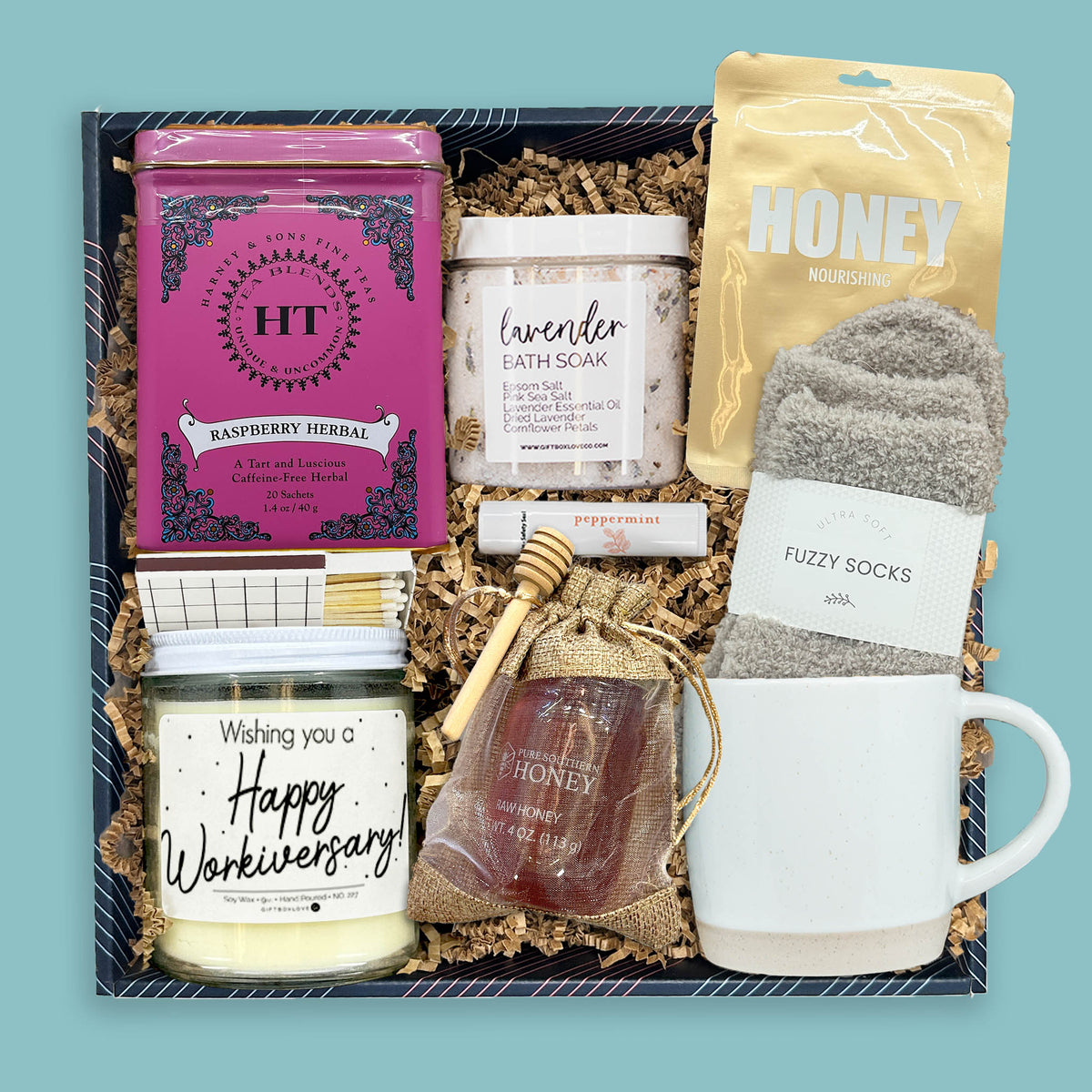 moments of appreciation corporate gift box with tea bath soak fuzzy socks honey and candle