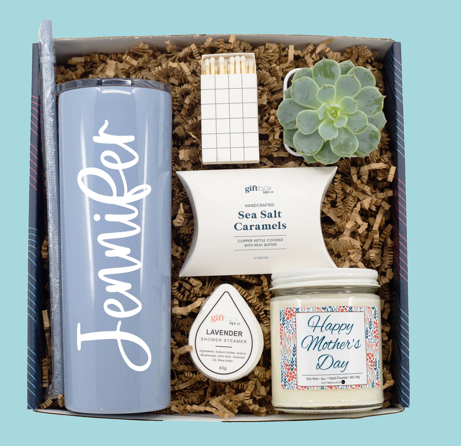 Personalized Mother’s Day gift box with tumbler, succulent, candle, and treats