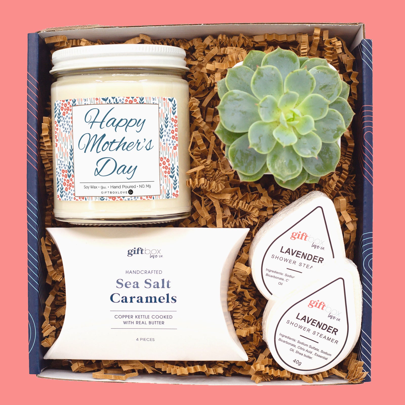 Mother’s Day gift box with candle, succulent, lavender shower steamers, and sea salt caramels