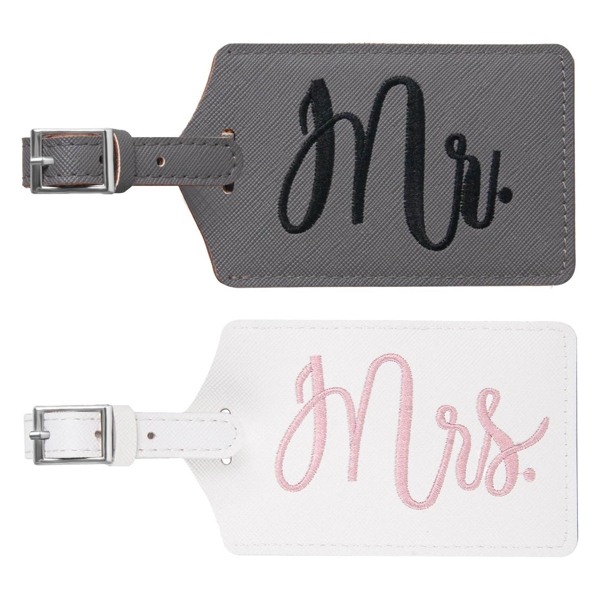Mr. and Mrs. luggage tags set in black and white with embroidered lettering.
