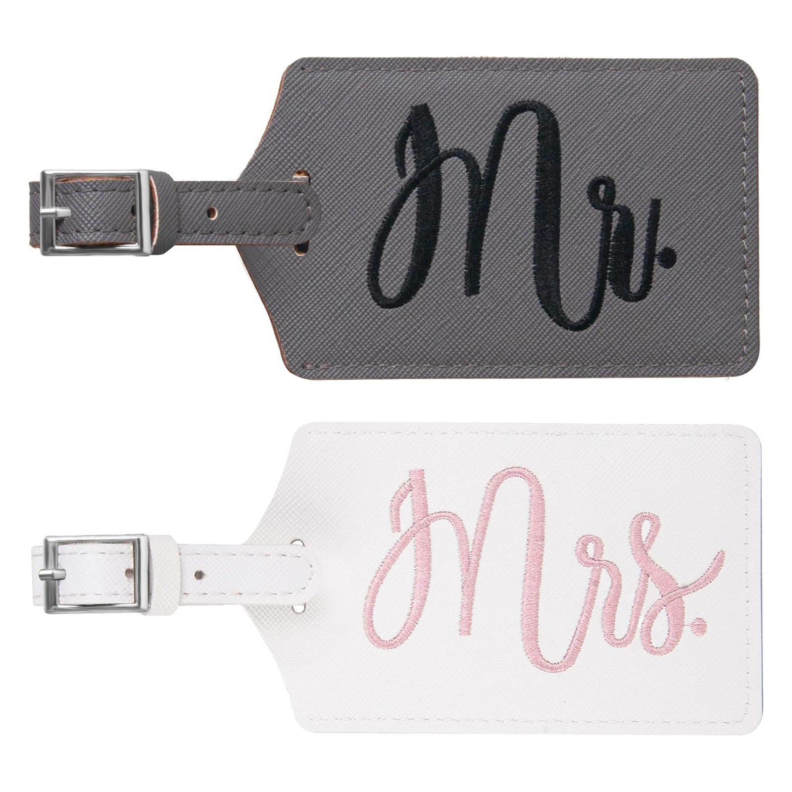 Mr. and Mrs. luggage tags set in black and white with embroidered lettering.