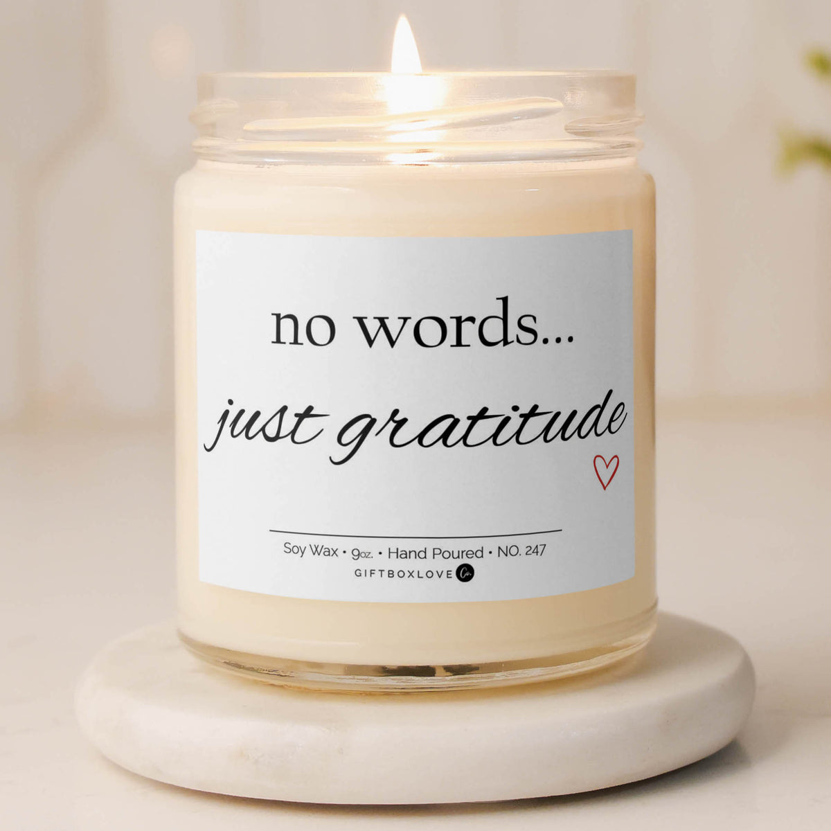 No Words Just Gratitude 9 oz hand-poured soy wax candle in a glass jar with a white label and red heart detail.